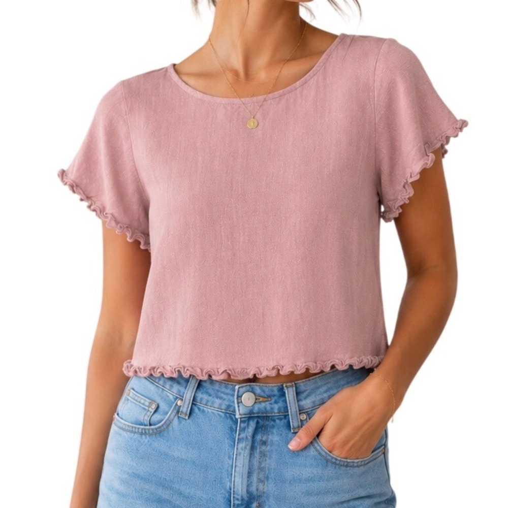 Me To We‎ Mauve Ruffle Linen Crop Top Womens XS Rayon Linen Blend Short Sleeve